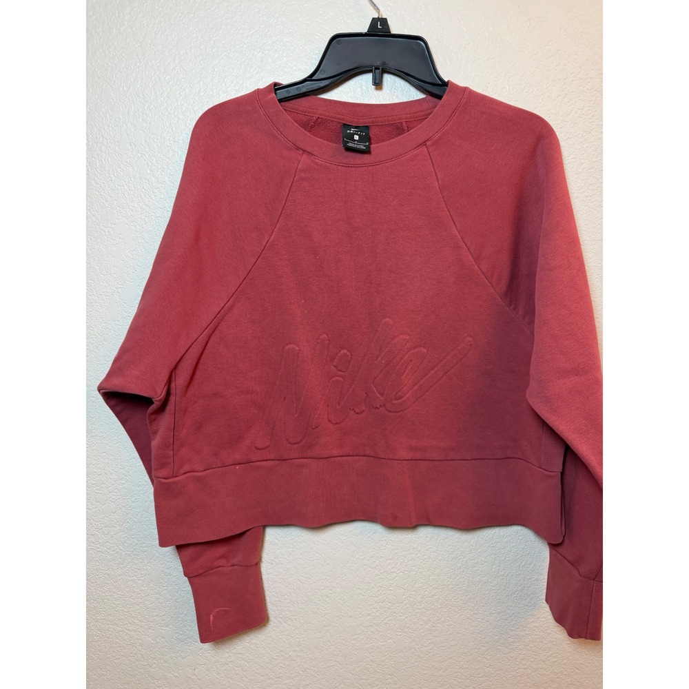 Nike Dri-FIT Cropped Sweatshirt Large Rose Pink Embossed Logo Raglan Pullover